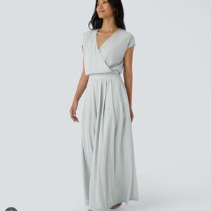 Halara V-Neck Short Sleeve Side Pocket Wide Leg Flowy Waffle Casual Jumpsuit NWT